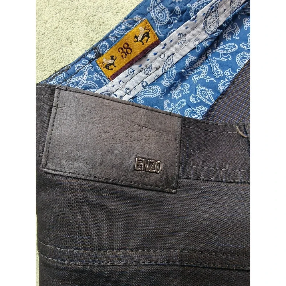 Enzo Mens Pants 38x29 Black Cotton Straight Leg 5 Pocket Trousers Paisley Trim